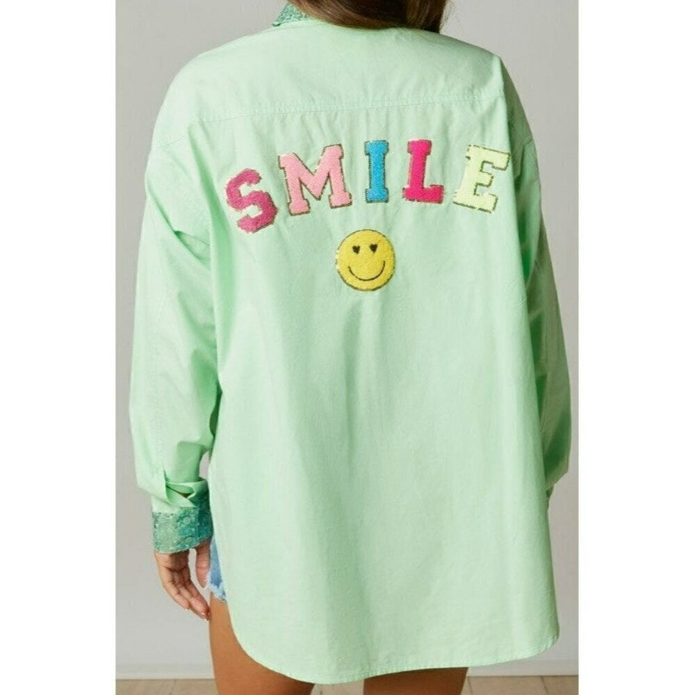Made My Day Smile Sequin Outline Patch Shirt in Apple Green - Picture 7 of 8